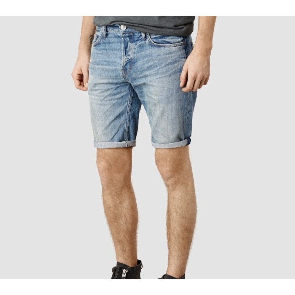AllSaints Hanako Switch Shorts Mens 30 Light Wash Denim Button Fly Cuffed Jorts